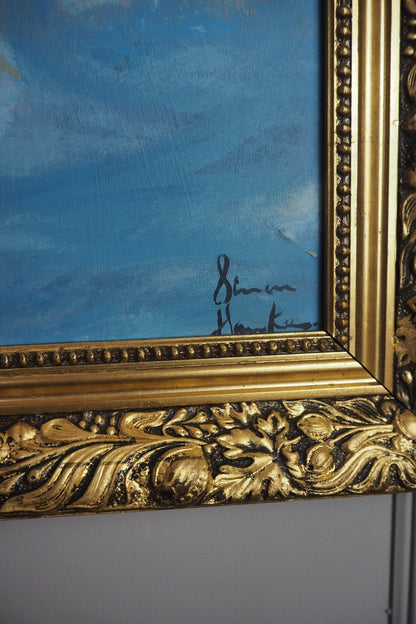 Blue Sky -Large  Vintage Oil Painting in Gold Gilded Belvoir Frame