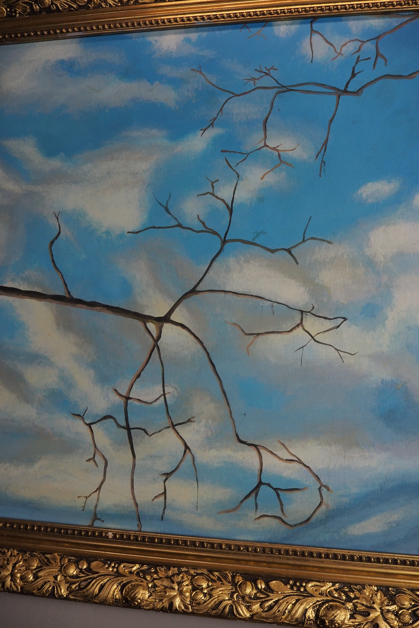 Blue Sky -Large  Vintage Oil Painting in Gold Gilded Belvoir Frame