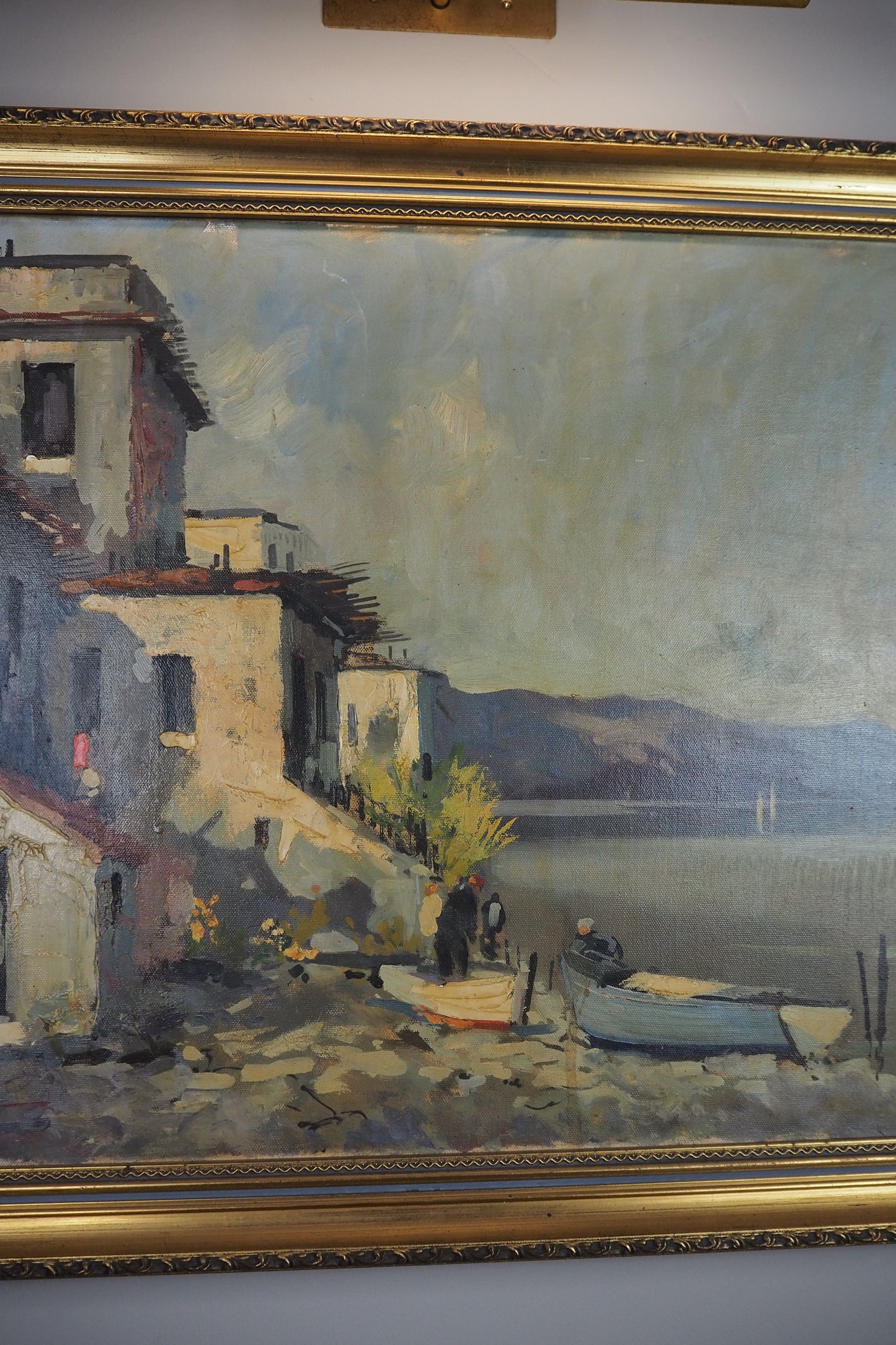 Vintage Mediterranean Coastal Oil Painting, Italian Seaside Village Art