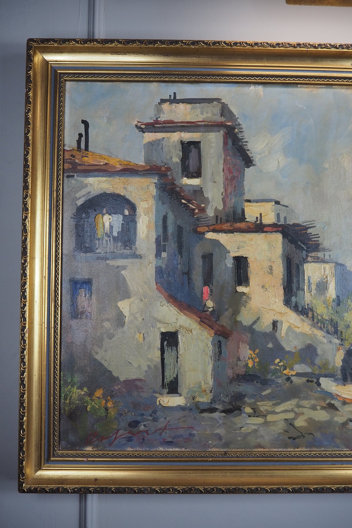 Vintage Mediterranean Coastal Oil Painting, Italian Seaside Village Art