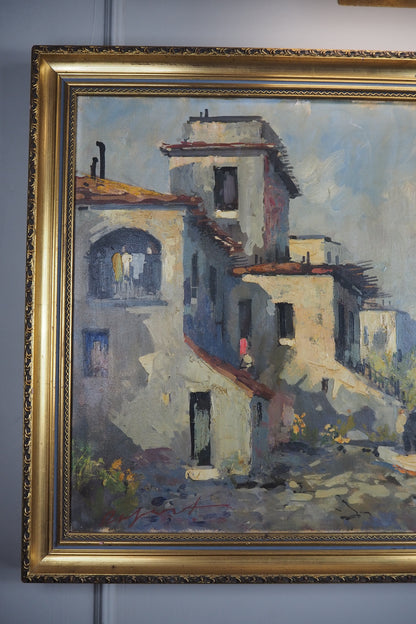 Vintage Mediterranean Coastal Oil Painting, Italian Seaside Village Art