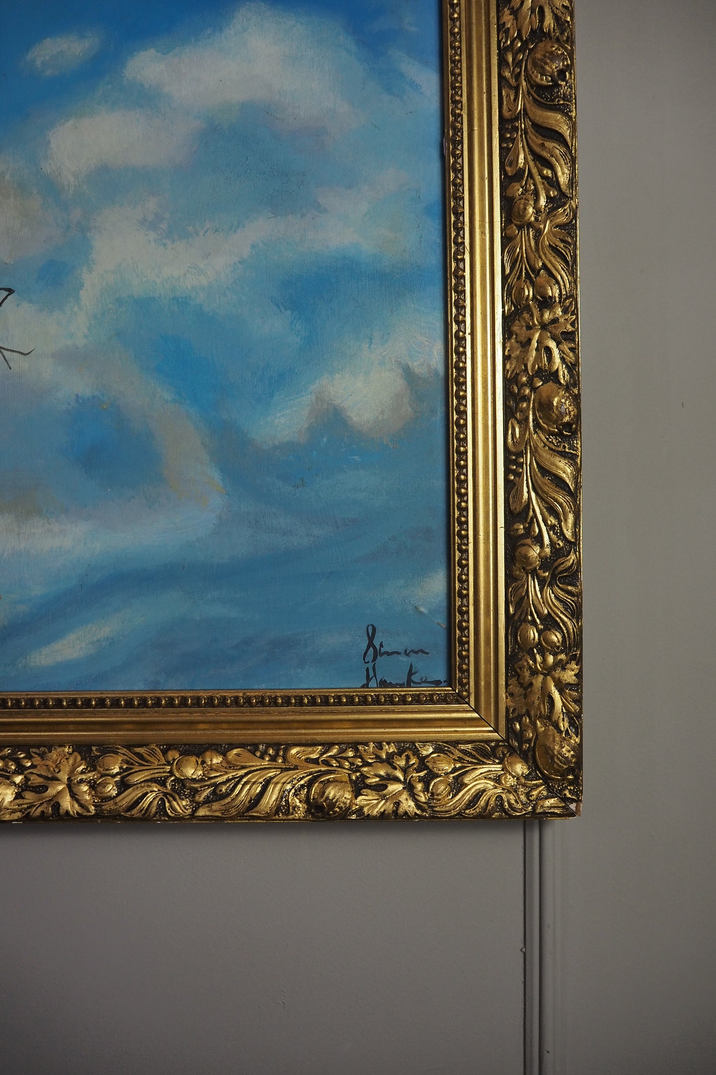 Blue Sky -Large  Vintage Oil Painting in Gold Gilded Belvoir Frame