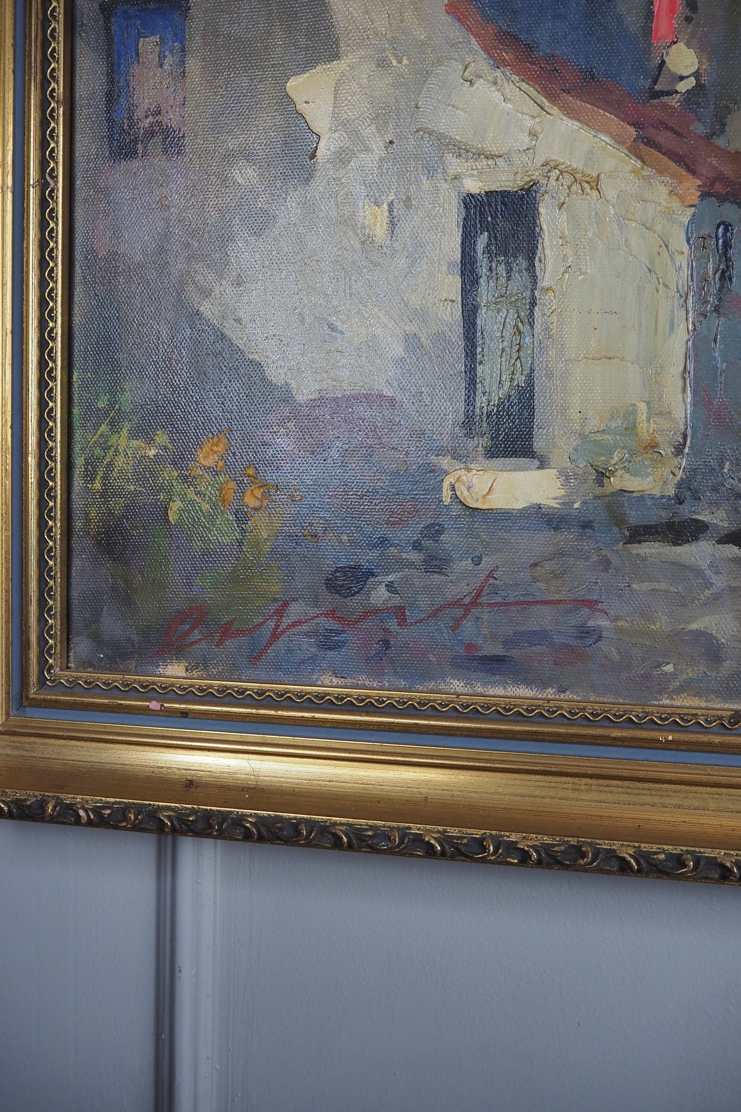 Vintage Mediterranean Coastal Oil Painting, Italian Seaside Village Art