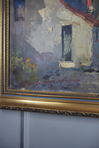 Vintage Mediterranean Coastal Oil Painting, Italian Seaside Village Art