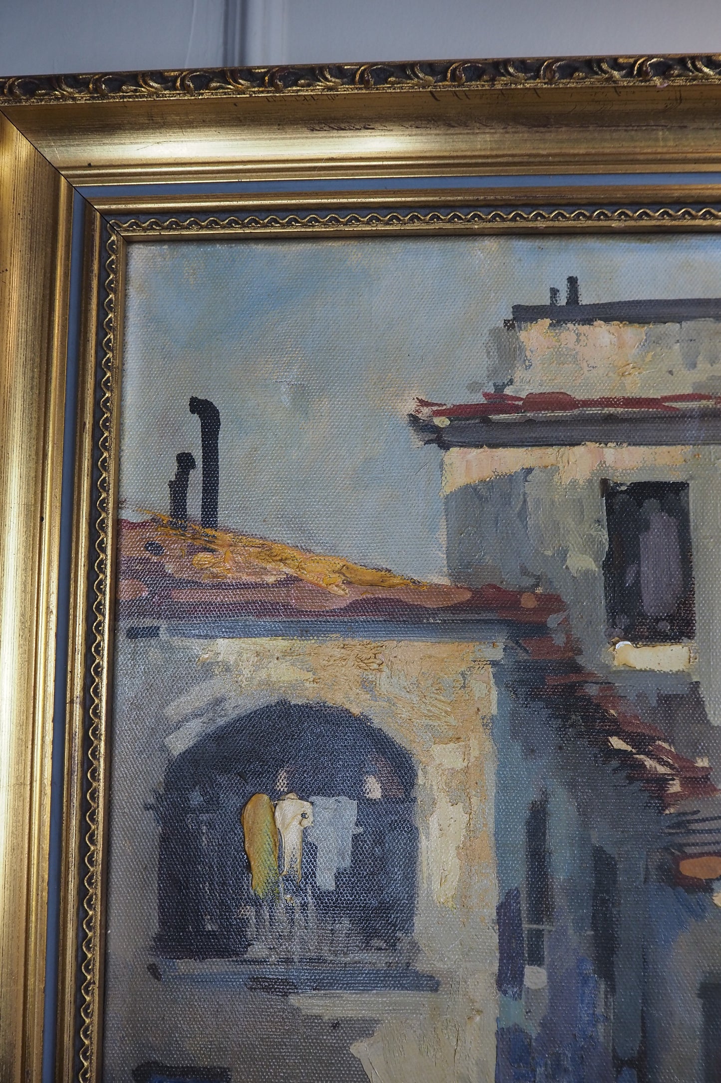 Vintage Mediterranean Coastal Oil Painting, Italian Seaside Village Art