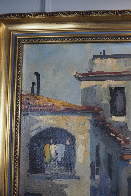 Vintage Mediterranean Coastal Oil Painting, Italian Seaside Village Art