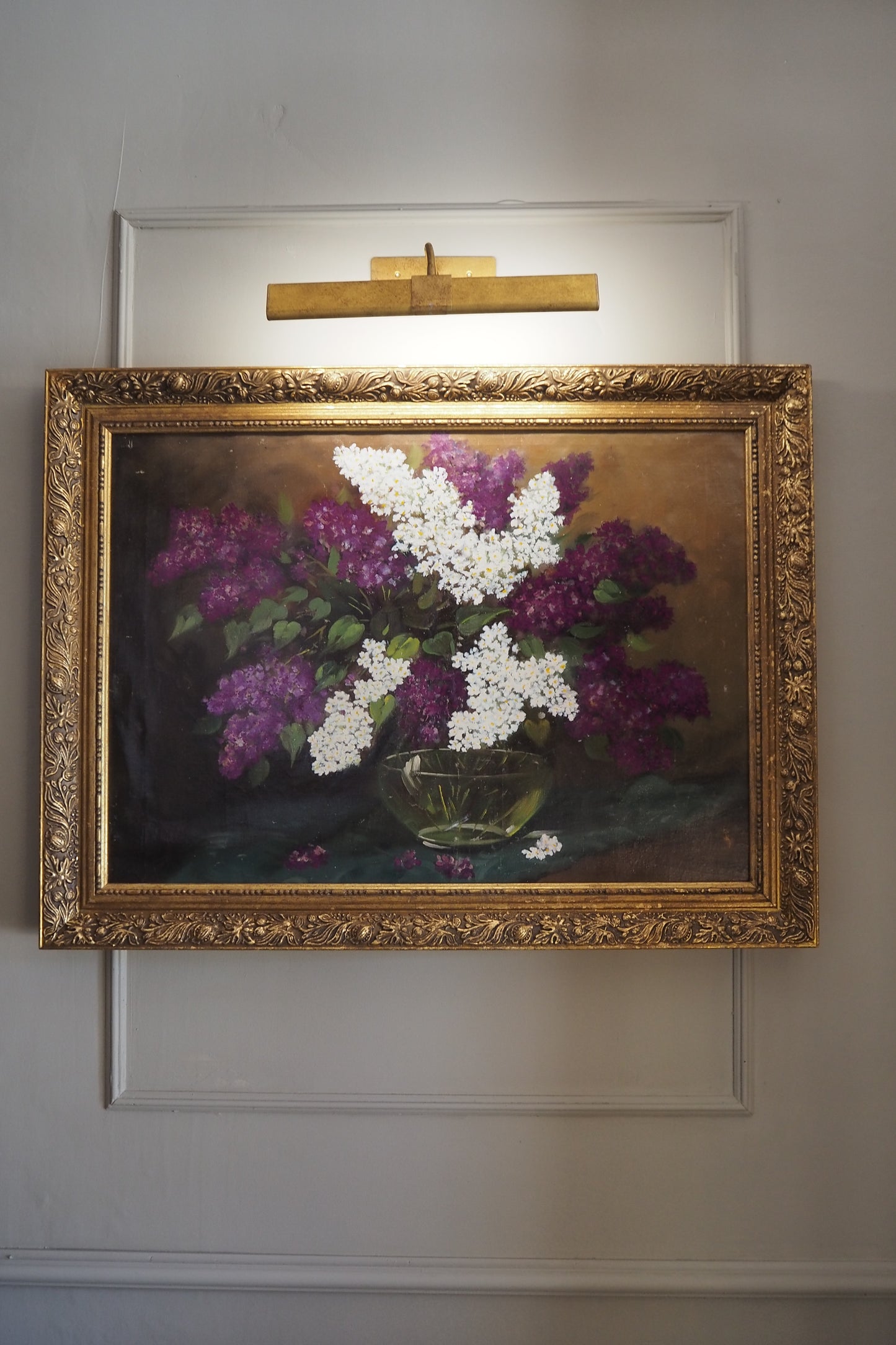 Large Imported Hungarian Oil Painting of Lilac in Ornate Gold Gilt Frame