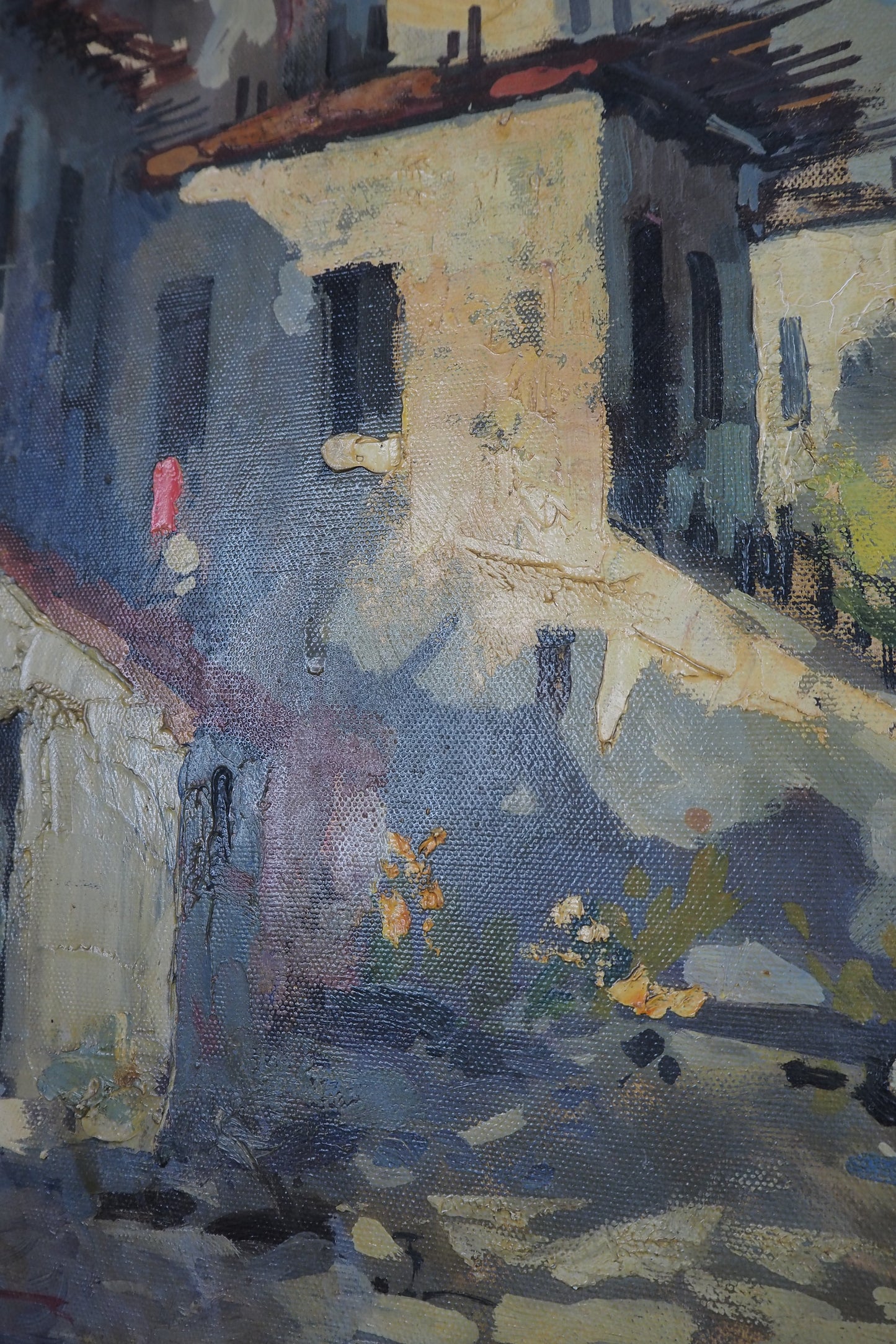 Vintage Mediterranean Coastal Oil Painting, Italian Seaside Village Art