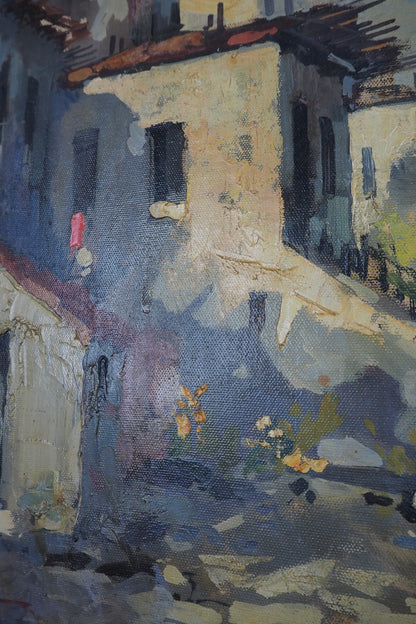 Vintage Mediterranean Coastal Oil Painting, Italian Seaside Village Art