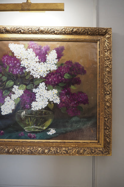 Large Imported Hungarian Oil Painting of Lilac in Ornate Gold Gilt Frame