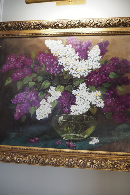 Large Imported Hungarian Oil Painting of Lilac in Ornate Gold Gilt Frame