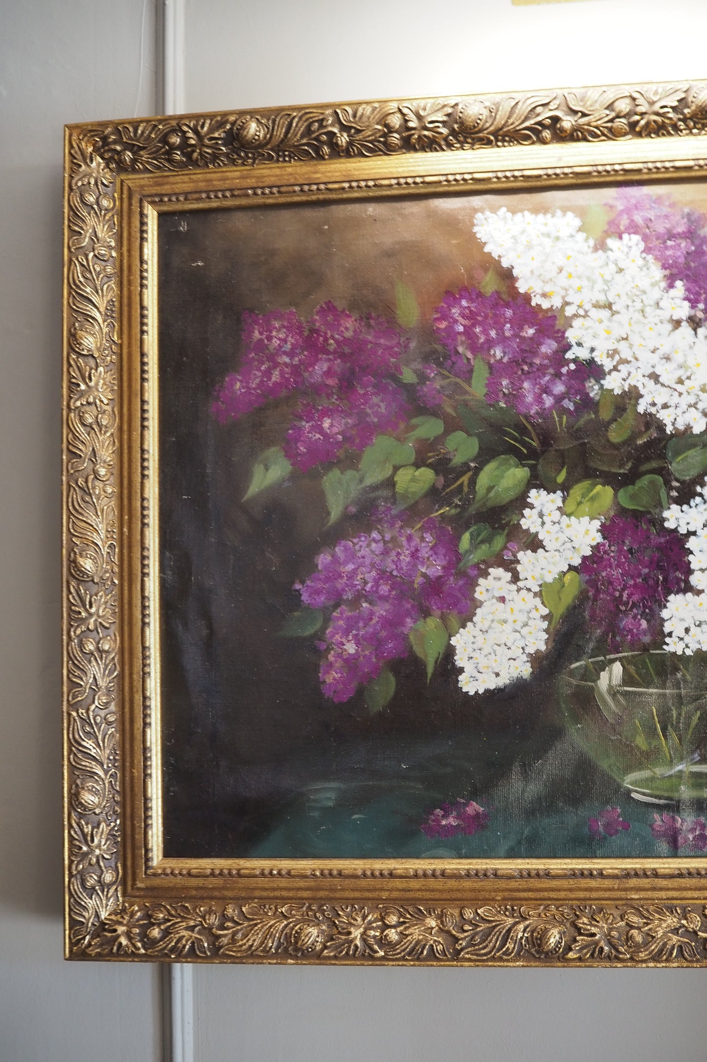 Large Imported Hungarian Oil Painting of Lilac in Ornate Gold Gilt Frame