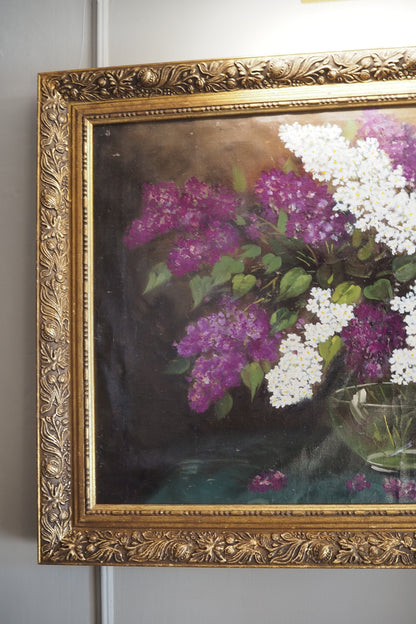 Large Imported Hungarian Oil Painting of Lilac in Ornate Gold Gilt Frame