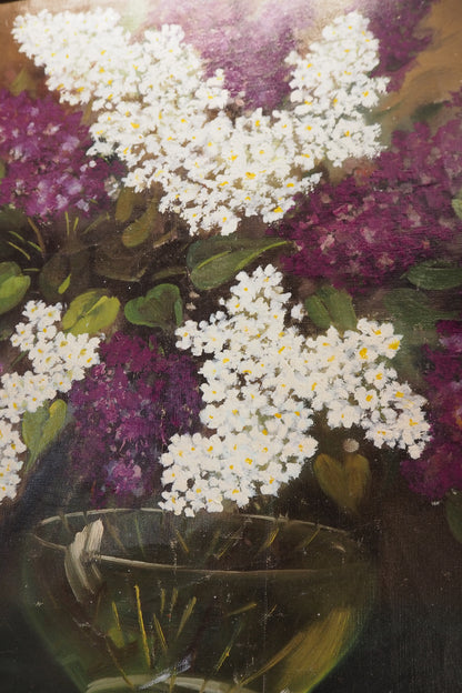 Large Imported Hungarian Oil Painting of Lilac in Ornate Gold Gilt Frame