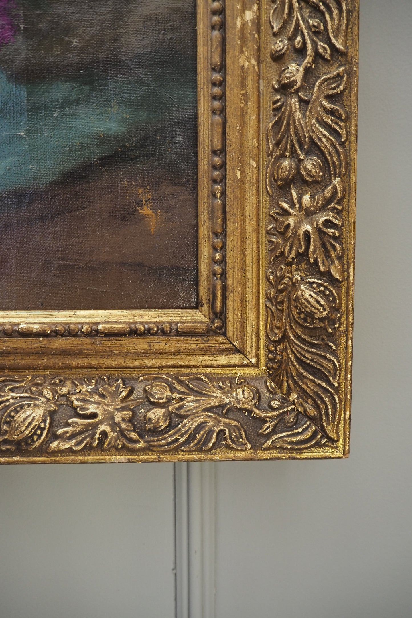 Large Imported Hungarian Oil Painting of Lilac in Ornate Gold Gilt Frame
