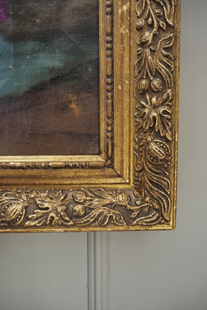 Large Imported Hungarian Oil Painting of Lilac in Ornate Gold Gilt Frame