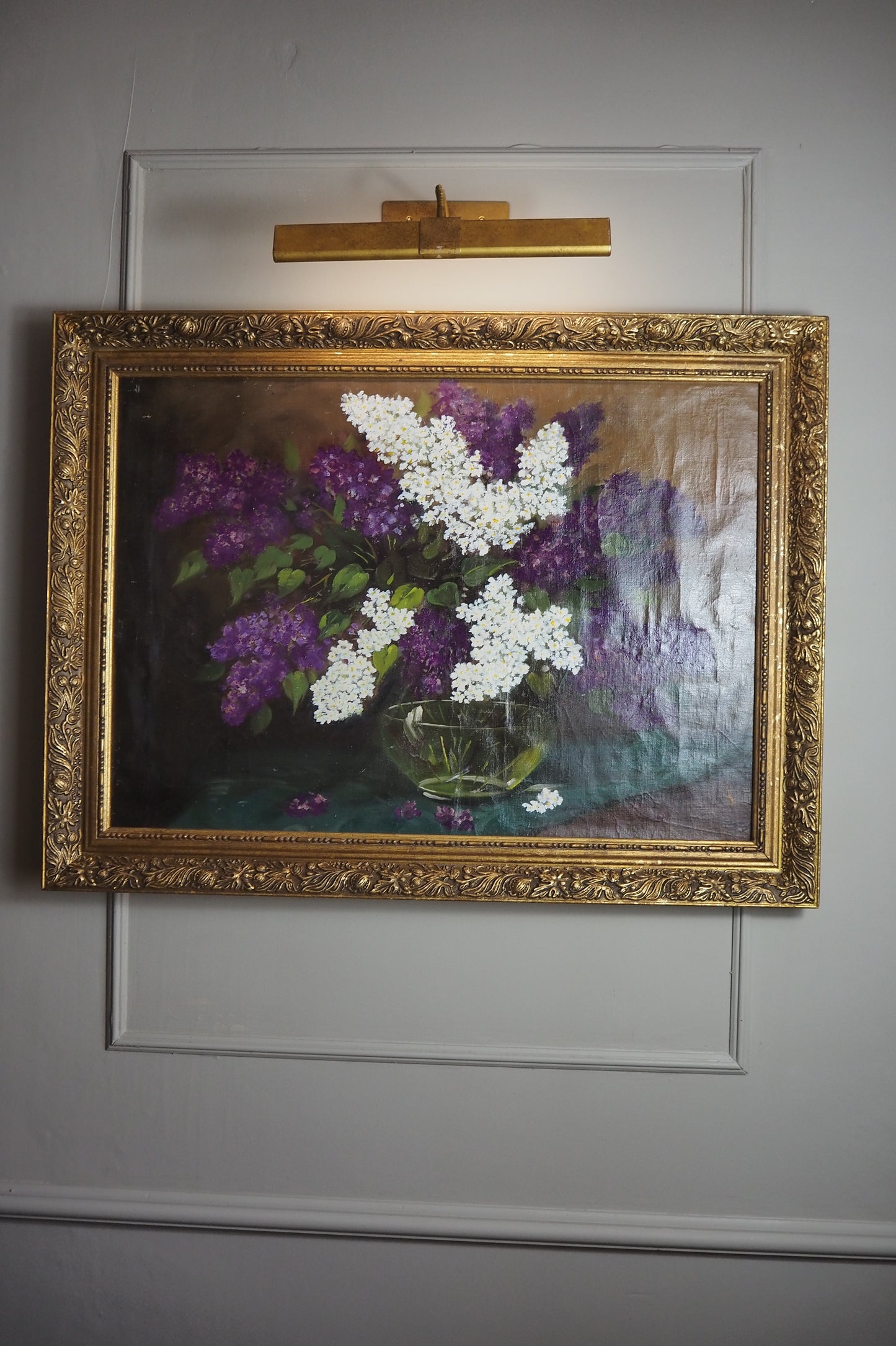 Large Imported Hungarian Oil Painting of Lilac in Ornate Gold Gilt Frame