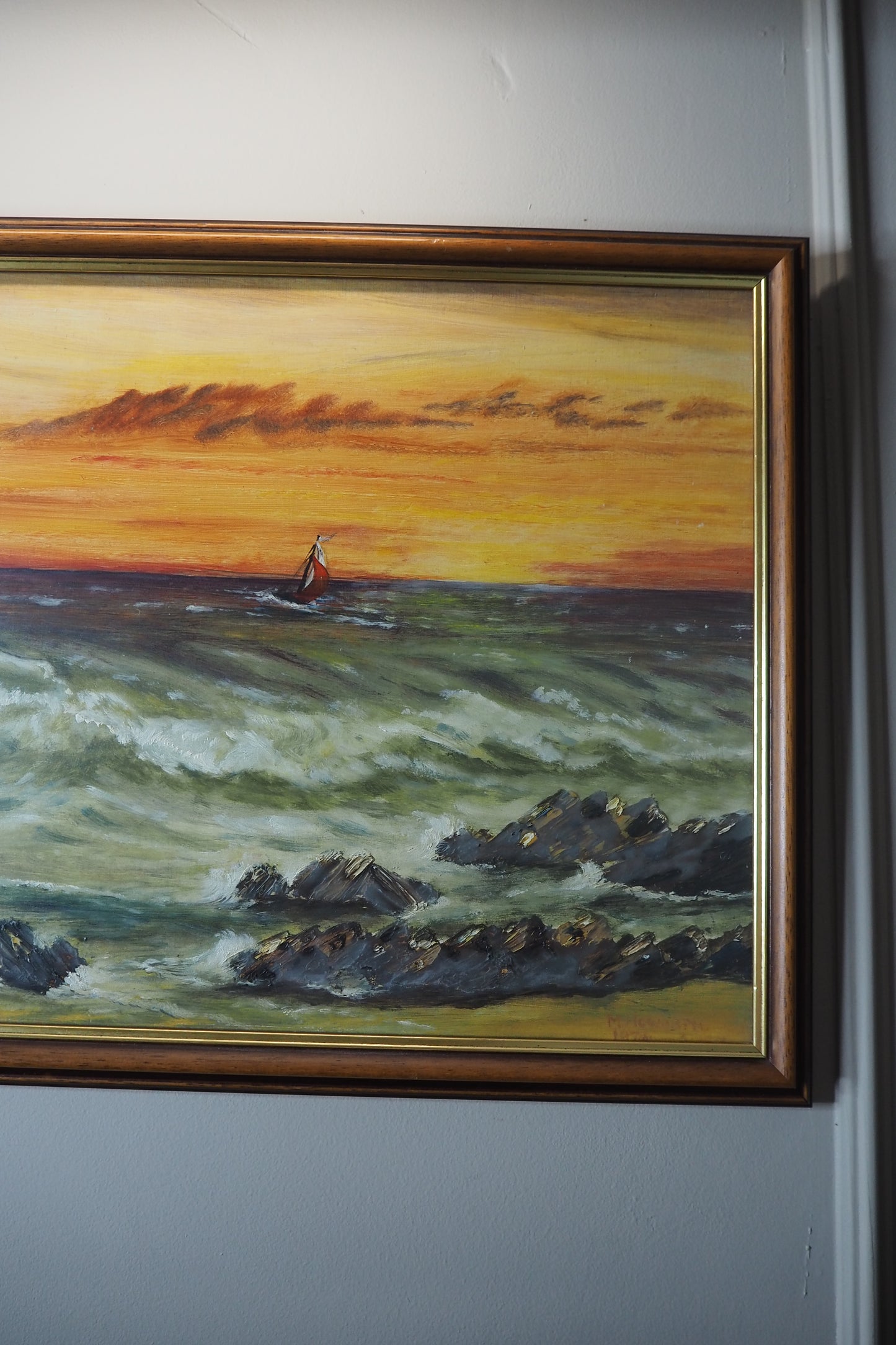 Vintage " Seascape with Rocks " Oil Painting by M.Howarth 1978