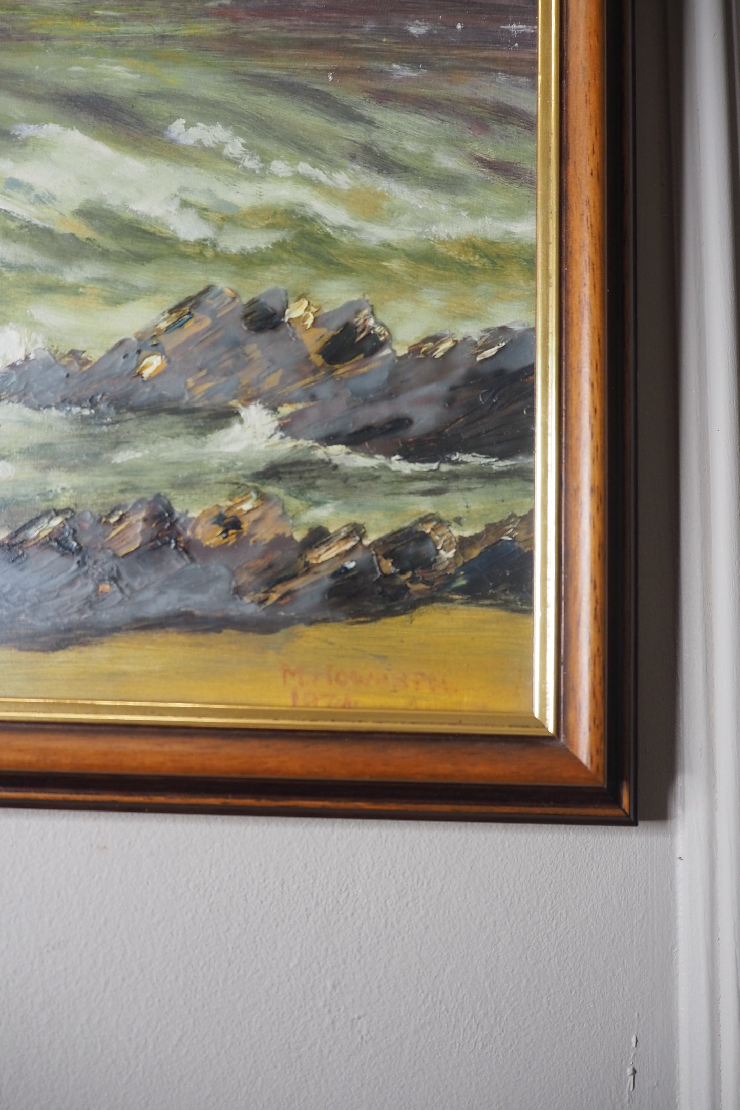 Vintage " Seascape with Rocks " Oil Painting by M.Howarth 1978