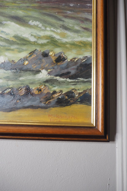 Vintage " Seascape with Rocks " Oil Painting by M.Howarth 1978