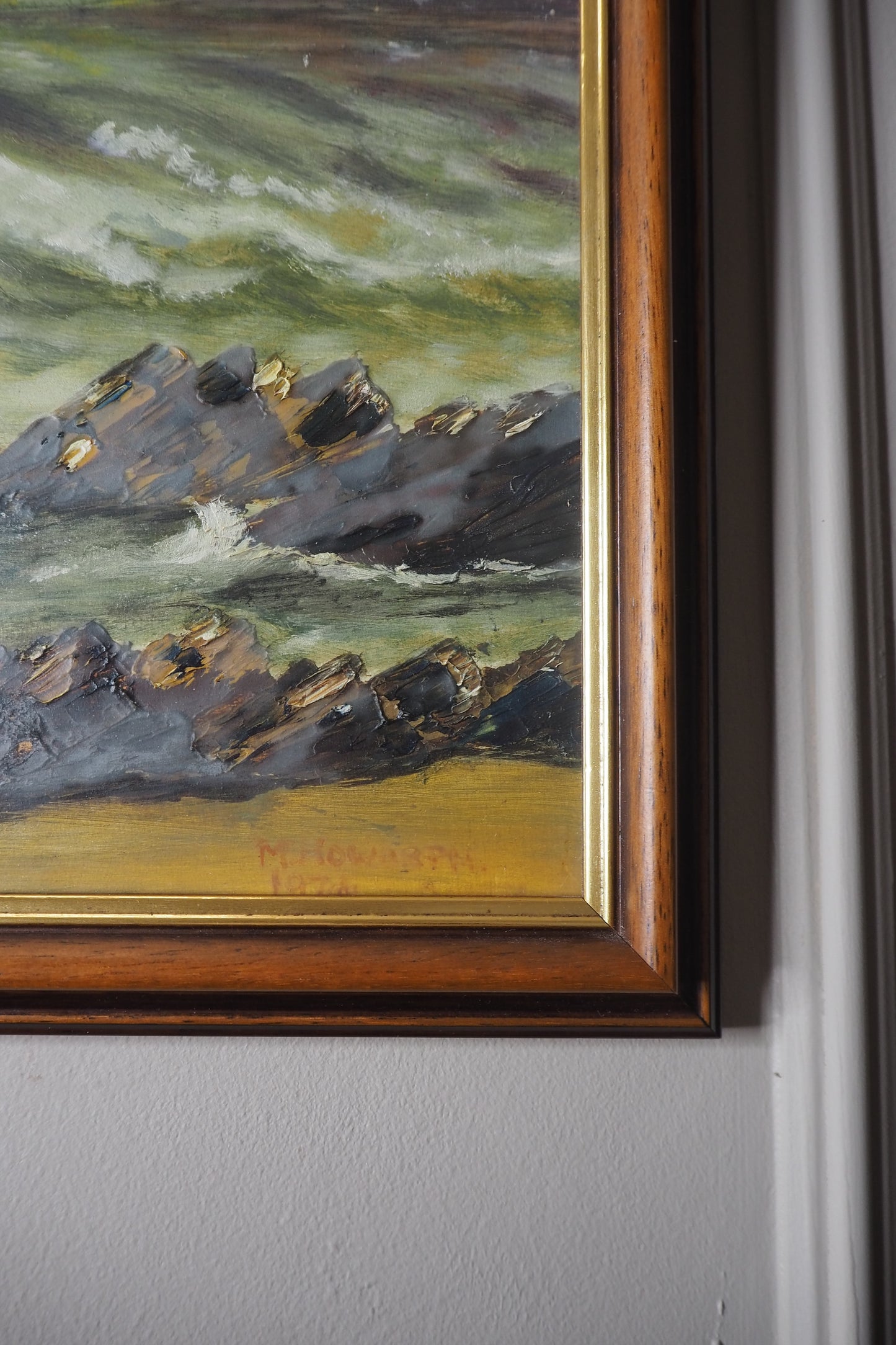 Vintage " Seascape with Rocks " Oil Painting by M.Howarth 1978