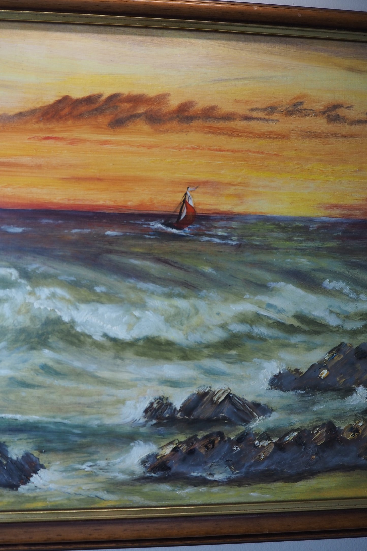 Vintage " Seascape with Rocks " Oil Painting by M.Howarth 1978