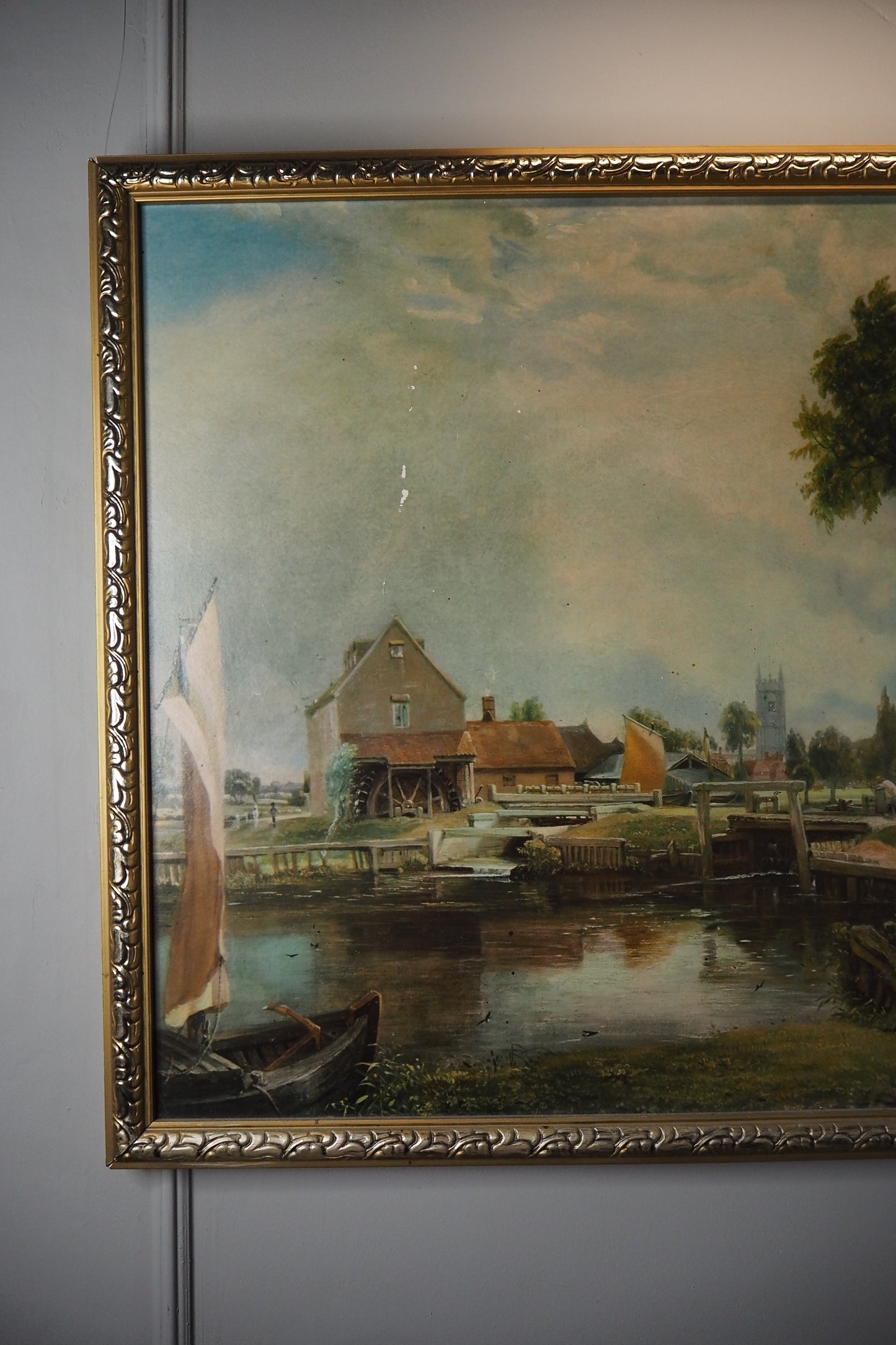 Dedham Lock & Mill After John Constable Large Vintage Print in Gold Frame