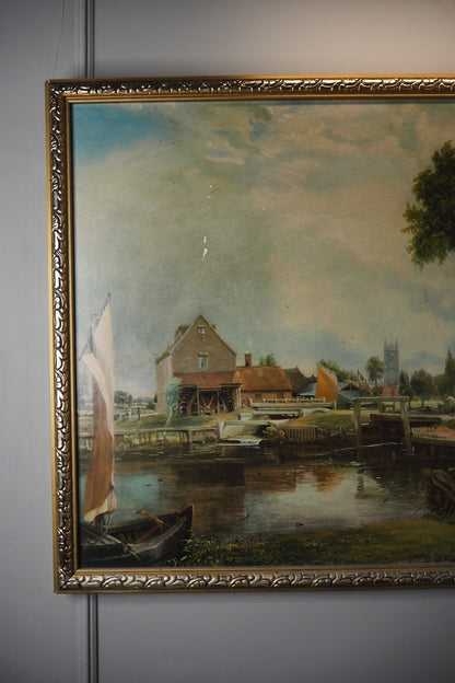 Dedham Lock & Mill After John Constable Large Vintage Print in Gold Frame