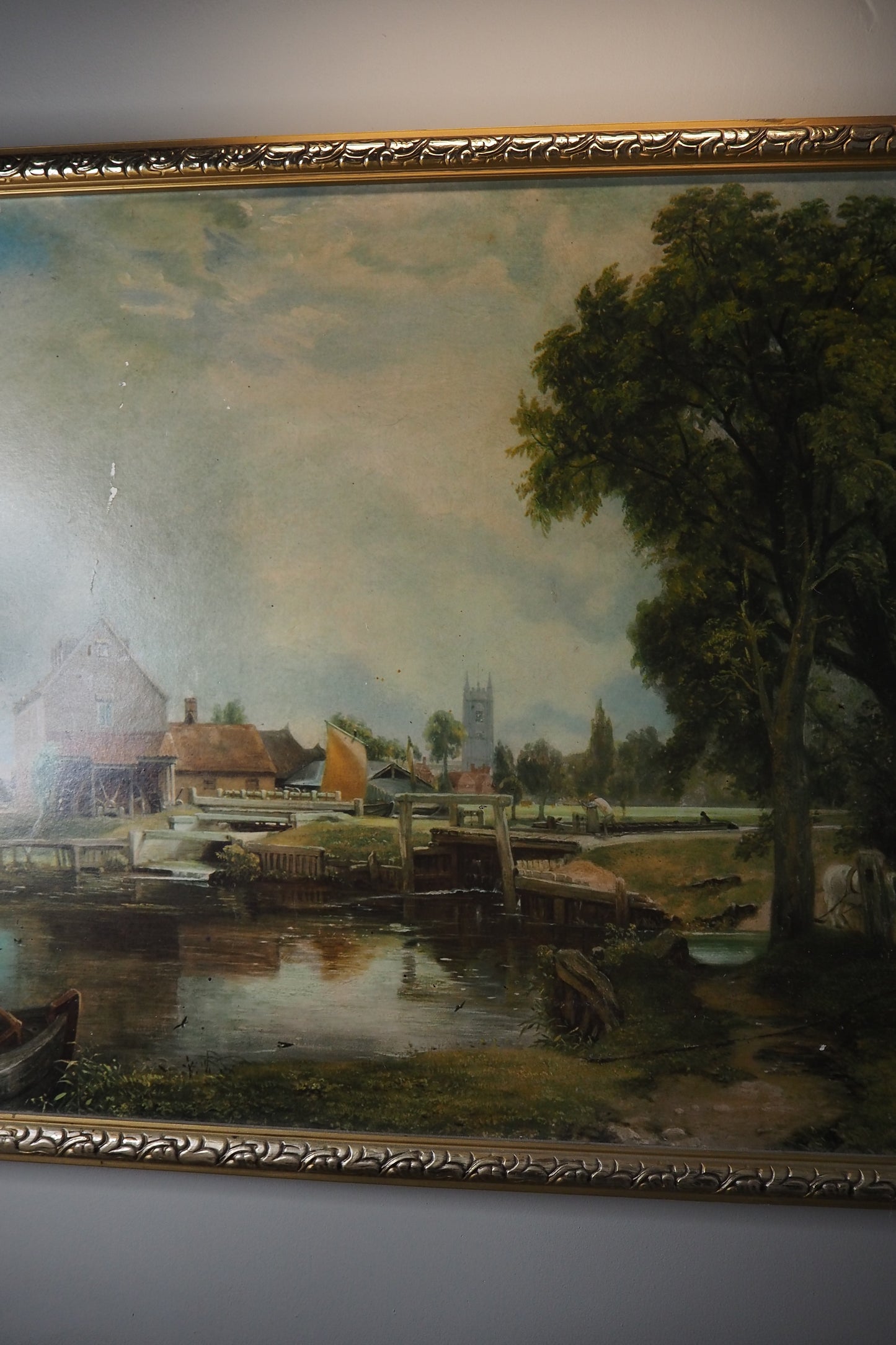 Dedham Lock & Mill After John Constable Large Vintage Print in Gold Frame