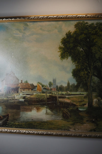 Dedham Lock & Mill After John Constable Large Vintage Print in Gold Frame