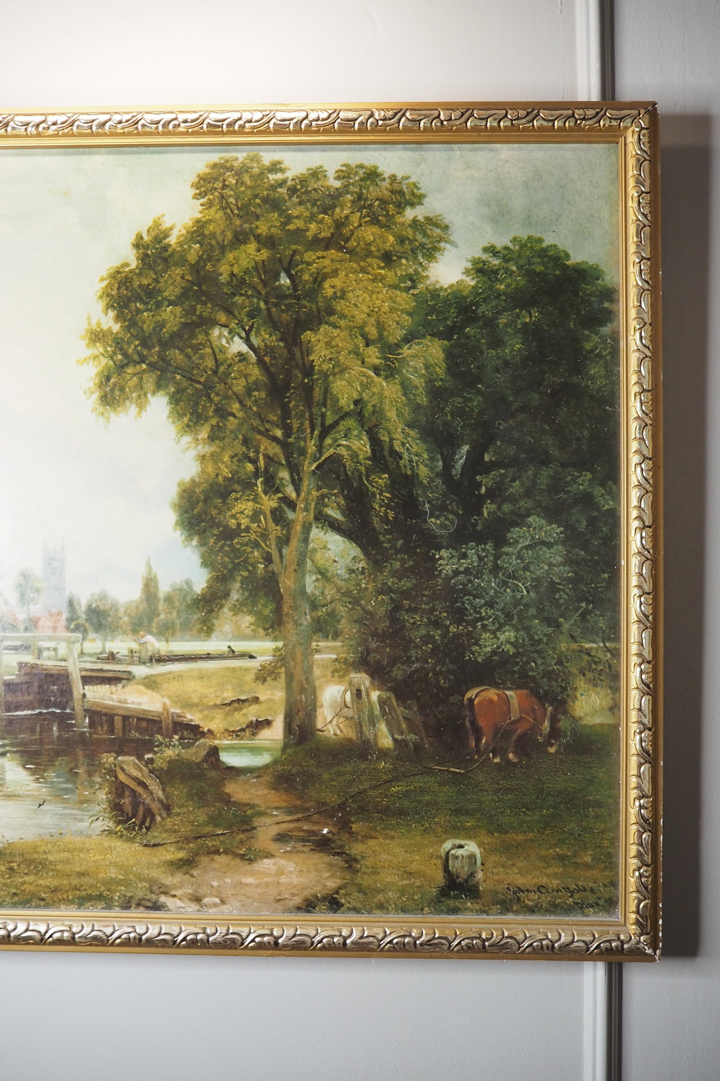 Dedham Lock & Mill After John Constable Large Vintage Print in Gold Frame