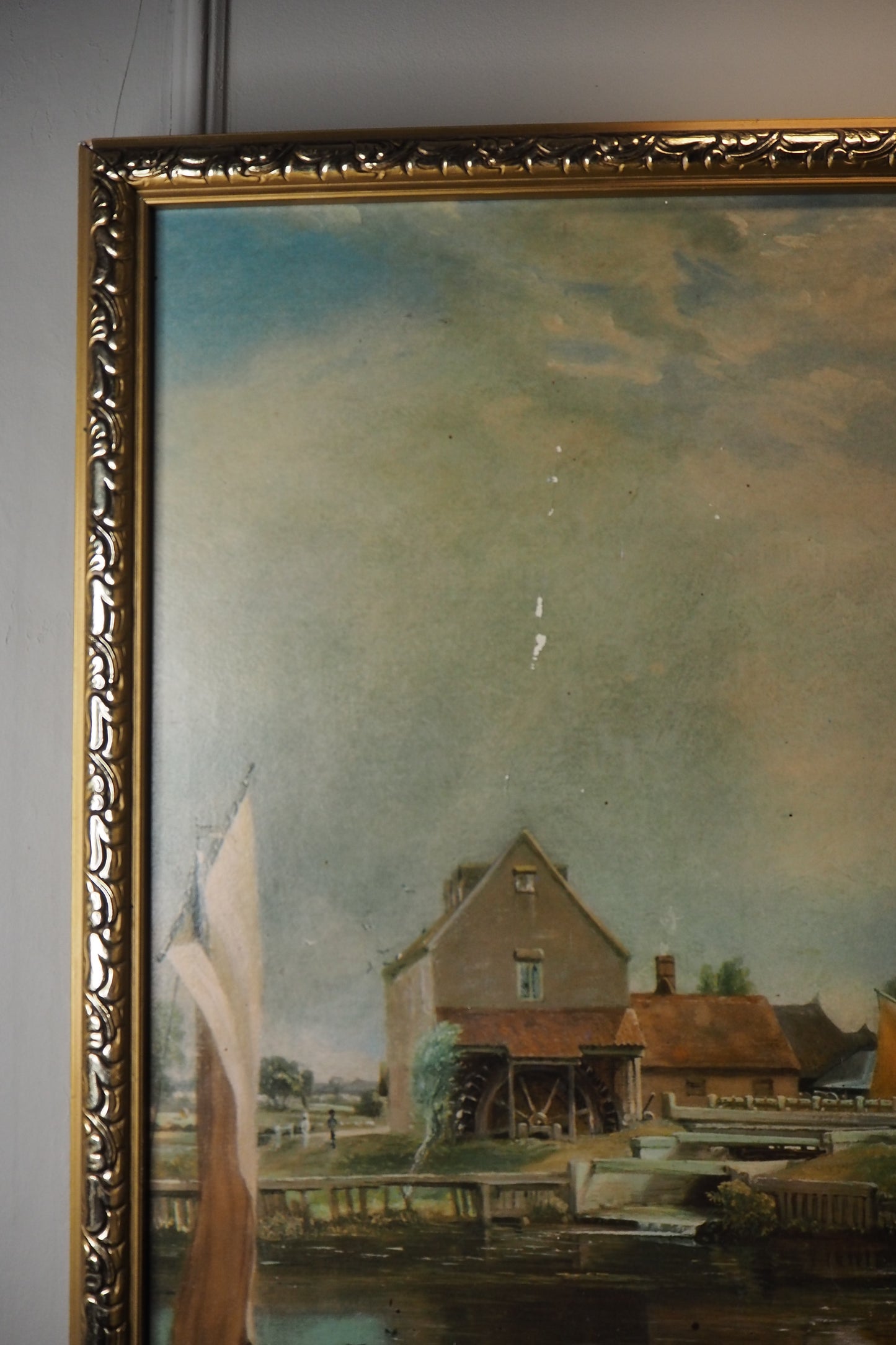Dedham Lock & Mill After John Constable Large Vintage Print in Gold Frame