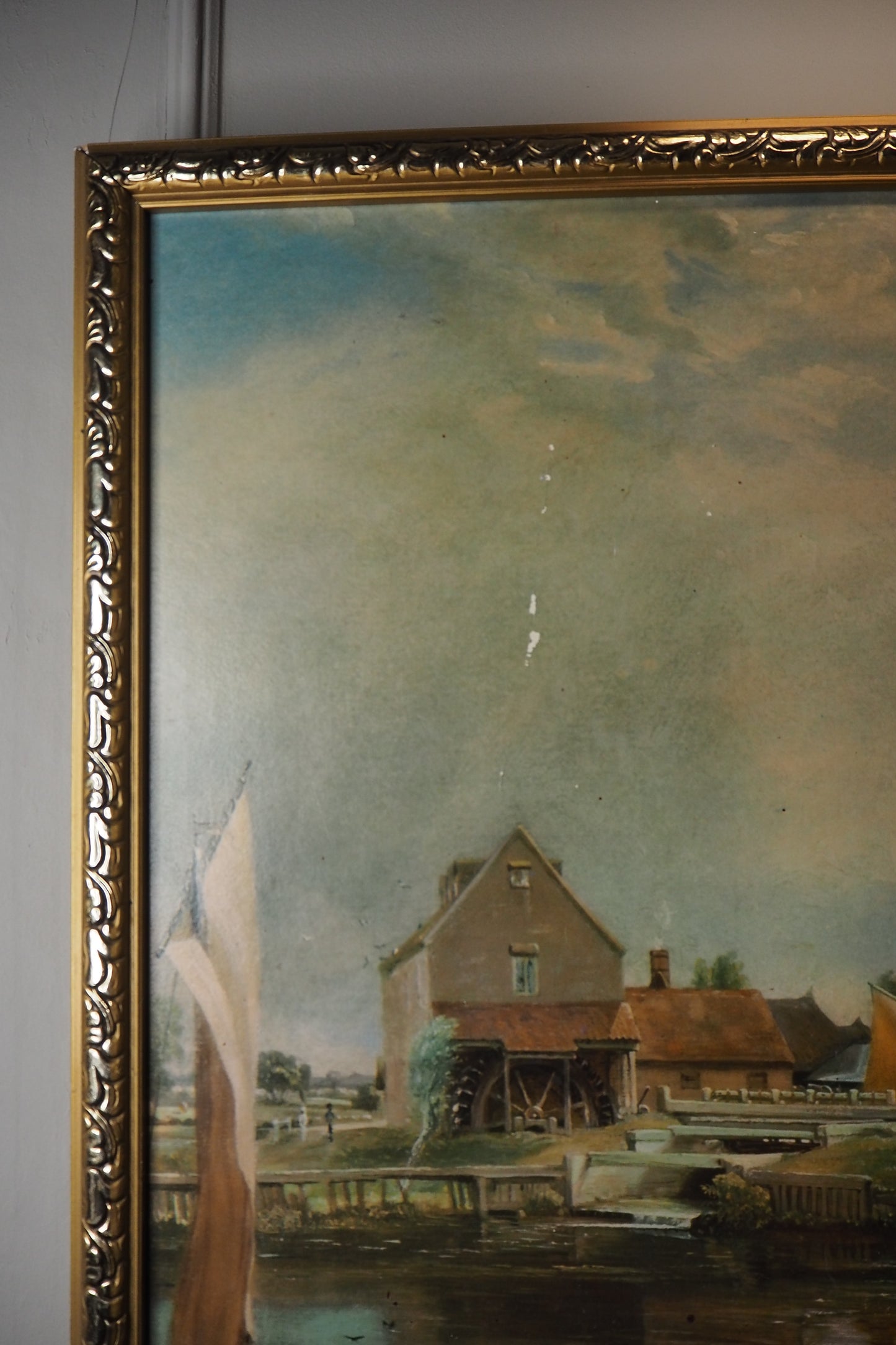 Dedham Lock & Mill After John Constable Large Vintage Print in Gold Frame