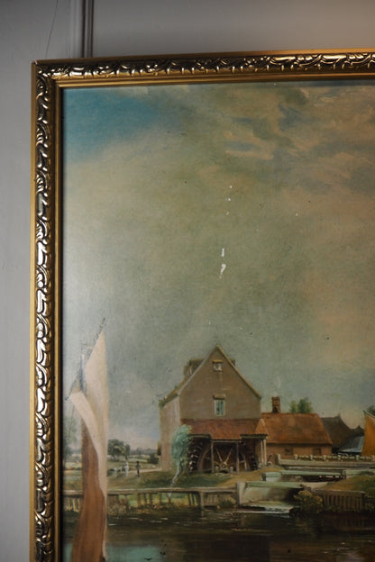 Dedham Lock & Mill After John Constable Large Vintage Print in Gold Frame