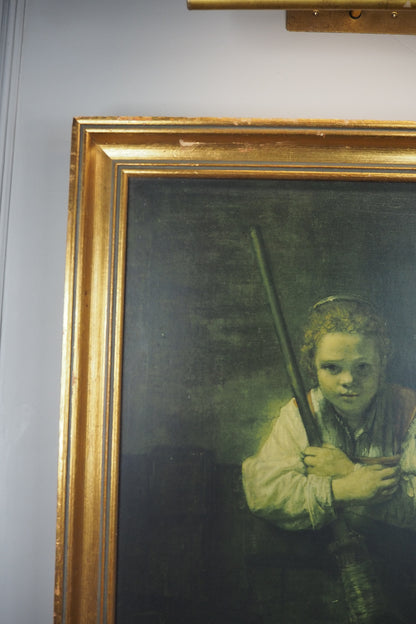 Rembrandt “A Girl with a Broom” Framed Vintage Dutch Print | Heavy Gilt Frame