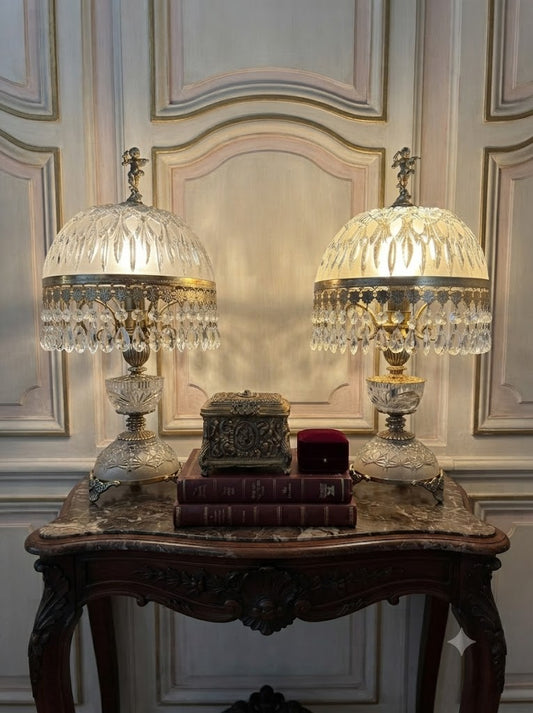 Vintage Italian Crystal Boudoir Lamps Pair – Hollywood Regency Cherub Nightstand 1940s