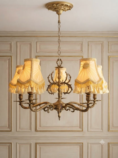 Vintage French Louis Style Solid Brass 5- arm Chandelier with Horns