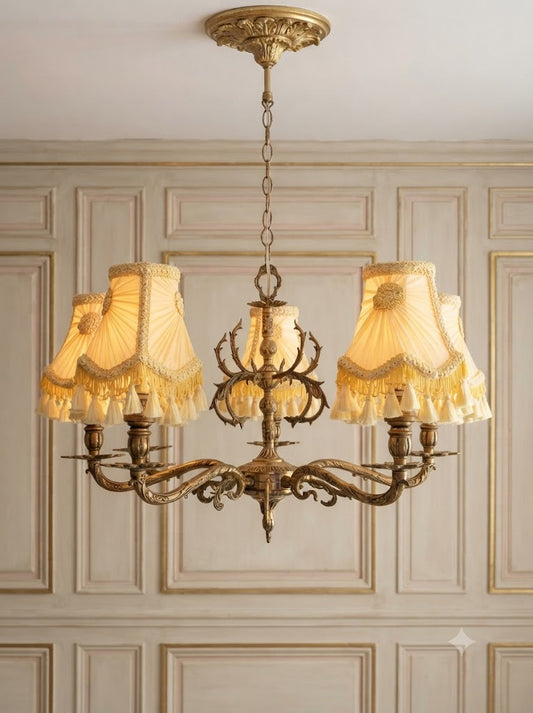 Vintage French Louis Style Solid Brass 5- arm Chandelier with Horns