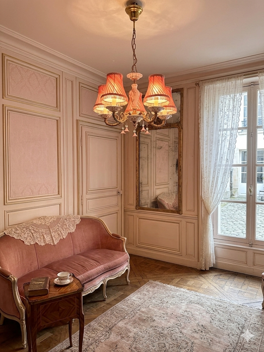 Vintage Capodimonte Chandelier , Wall Lights – Pink Floral Ceramic & Gilt Brass Lighting