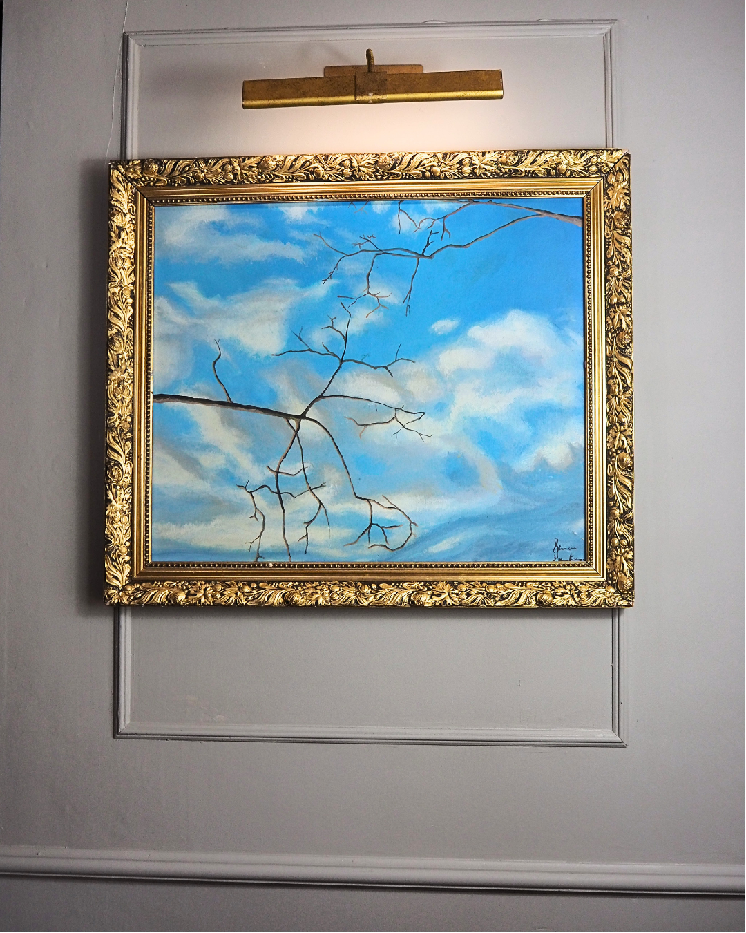 Blue Sky -Large  Vintage Oil Painting in Gold Gilded Belvoir Frame