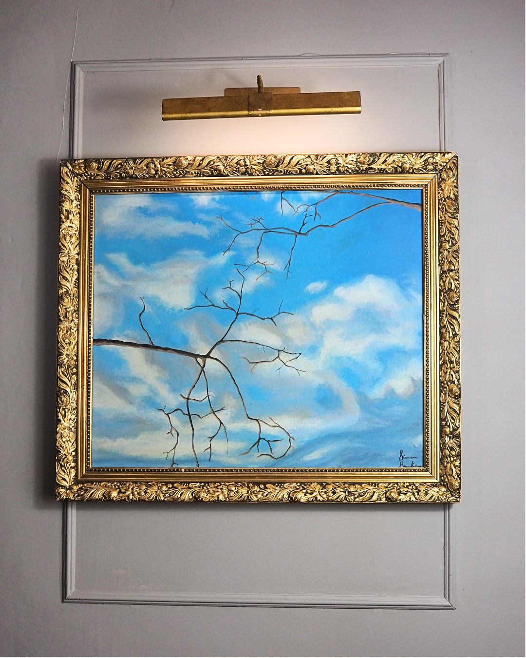 Blue Sky -Large  Vintage Oil Painting in Gold Gilded Belvoir Frame