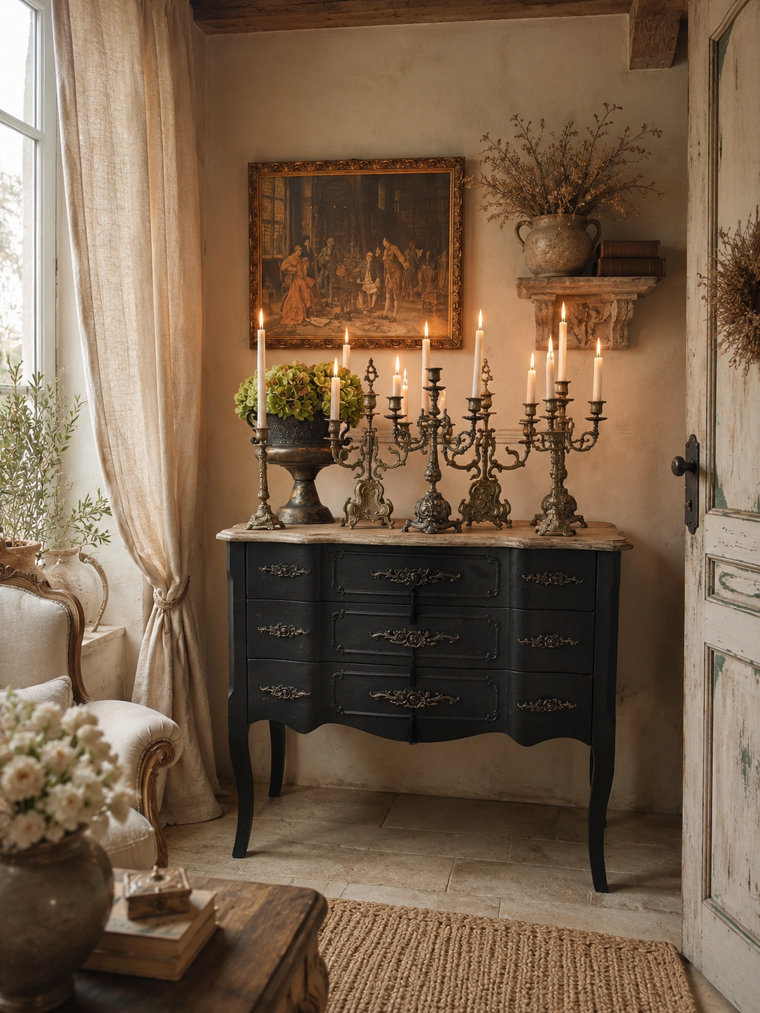 Upcycled French-Style Curved Chest of Drawers | Black Noir Vintage Dresser
