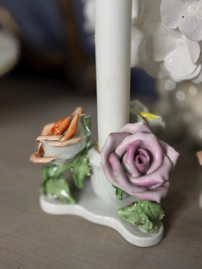 Vintage Rare Antique Herend Hungarian Hand-Painted Three Roses Candle Holder Pair