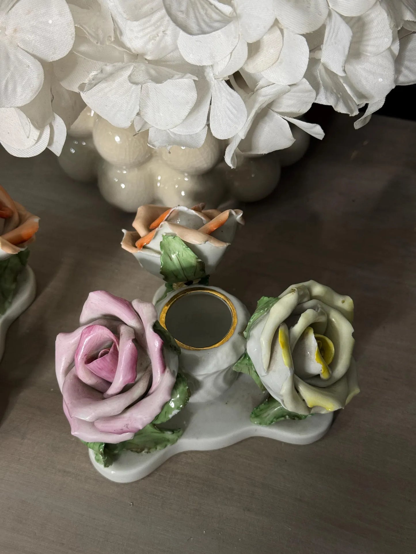 Vintage Rare Antique Herend Hungarian Hand-Painted Three Roses Candle Holder Pair