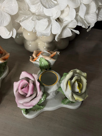 Vintage Rare Antique Herend Hungarian Hand-Painted Three Roses Candle Holder Pair