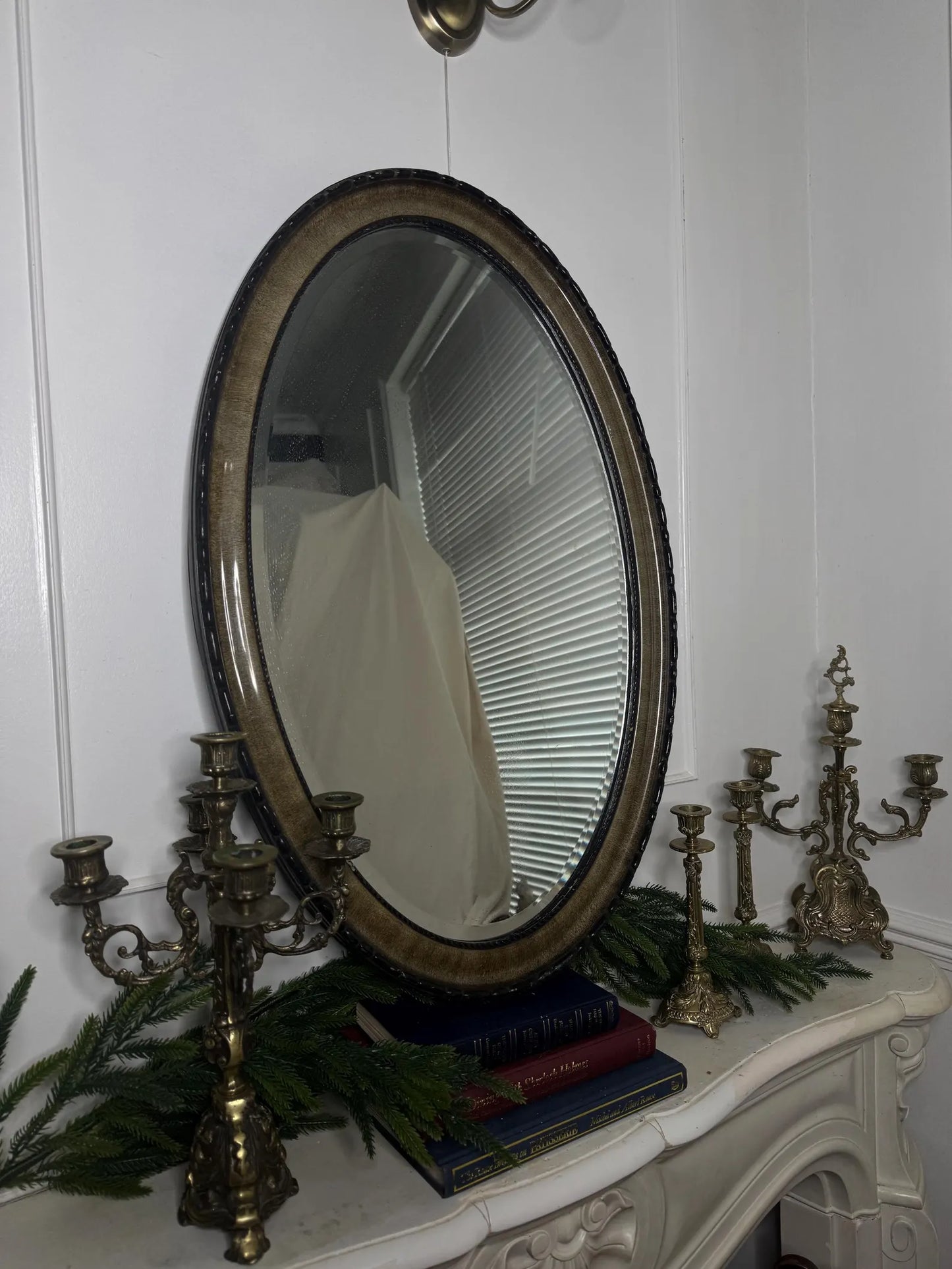 Vintage Oval Bevelled Mirror: Large Rare Framed