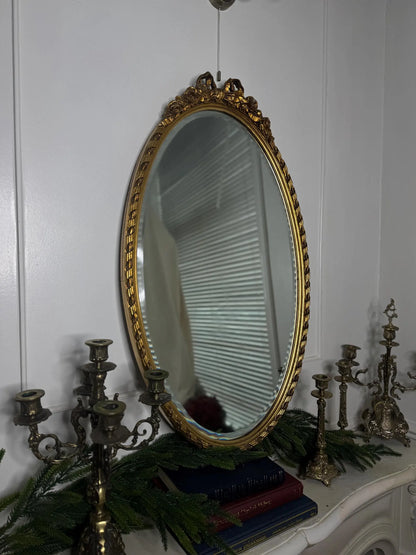 Vintage Oval Gilt Ribbon-Top Bevelled Mirror