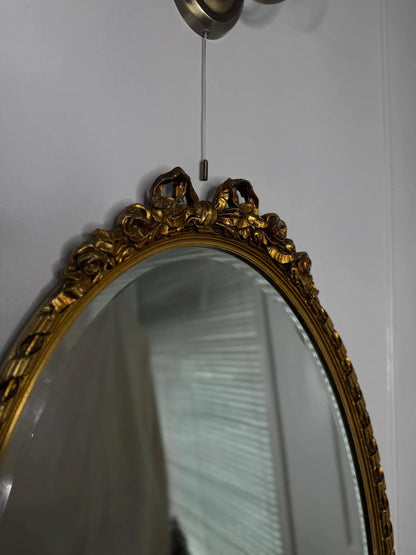 Vintage Oval Gilt Ribbon-Top Bevelled Mirror
