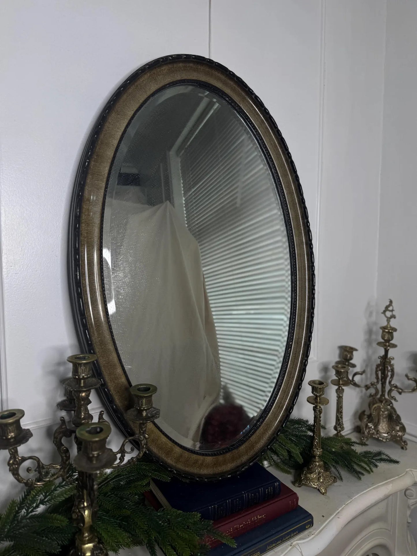 Vintage Oval Bevelled Mirror: Large Rare Framed