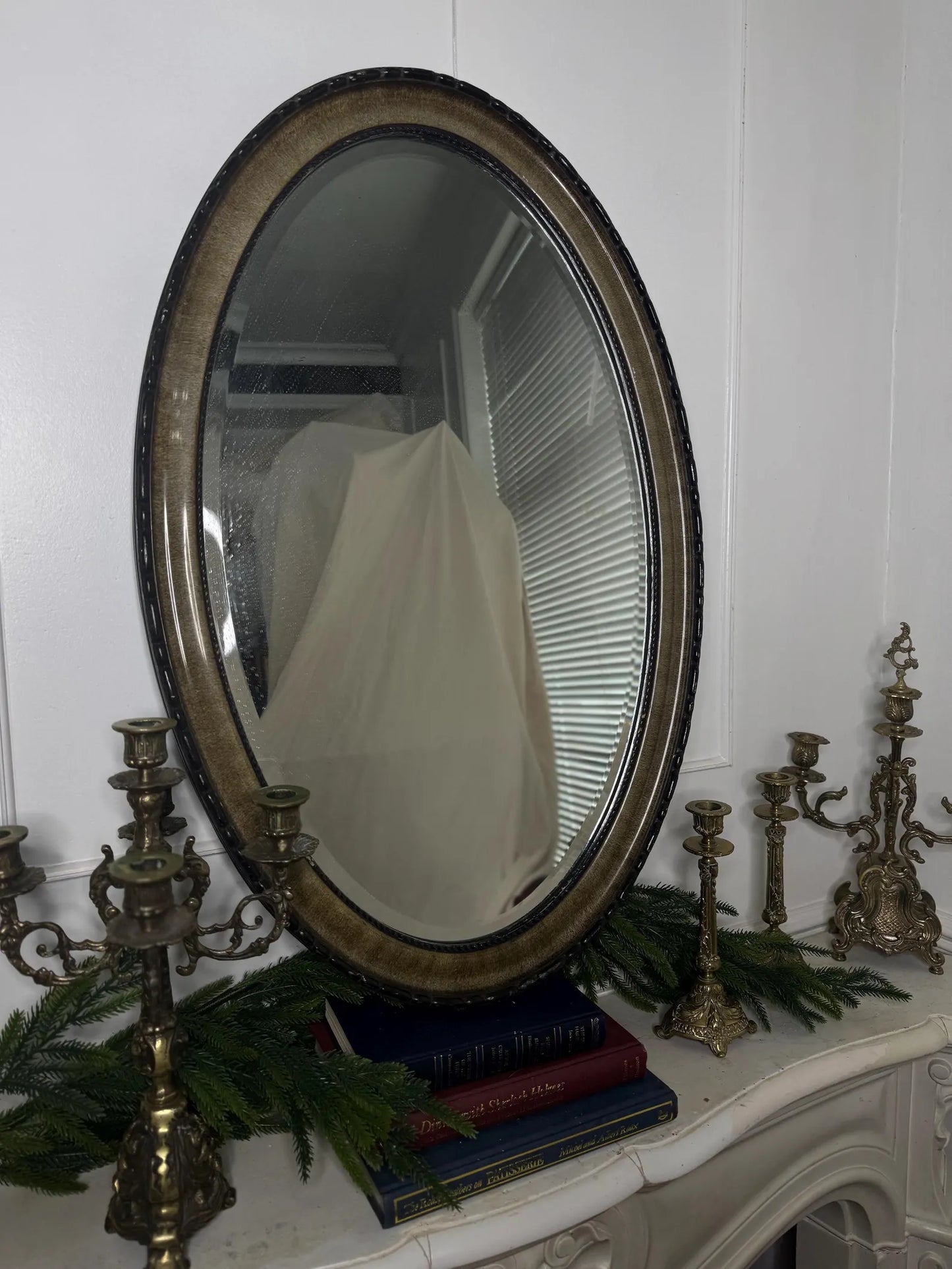 Vintage Oval Bevelled Mirror: Large Rare Framed